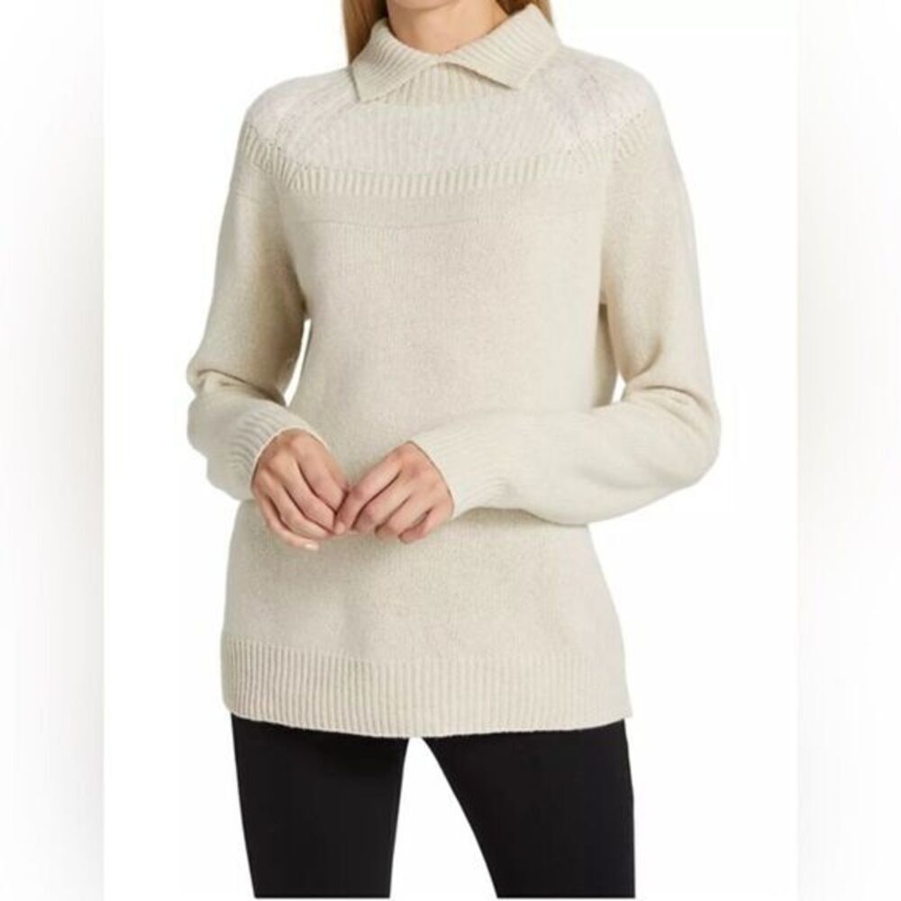 Theory Sweater Wool Cashmere Blend Collared cream long sleeved knit rugby style